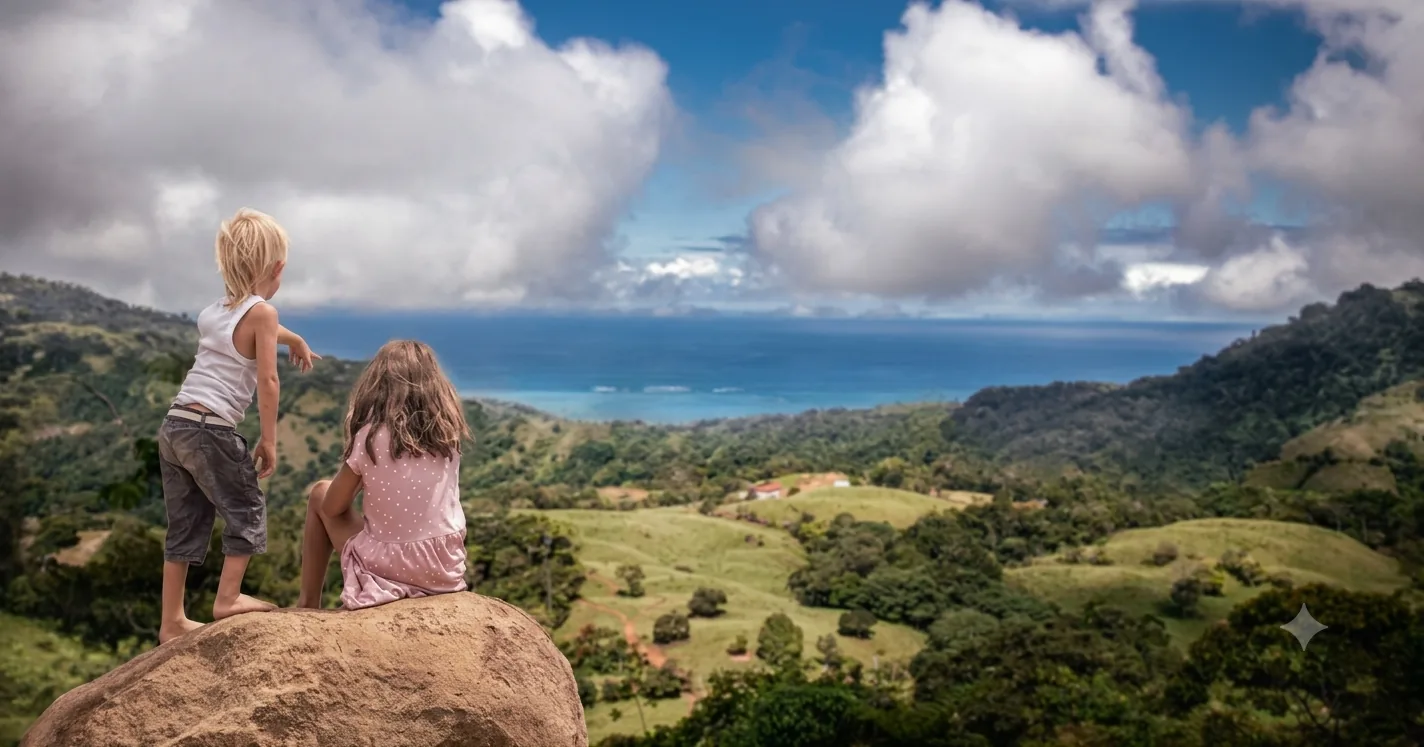 Zwei Kinder auf einem Felsen blicken über eine weite Hügellandschaft bis zum Meer am Horizont